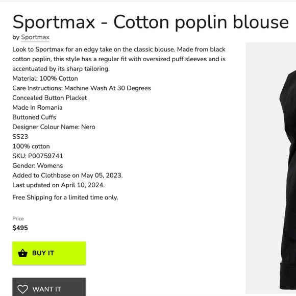 Sportmax Black Cotton Poplin Button Up Blouse NWT - Picture 4 of 10